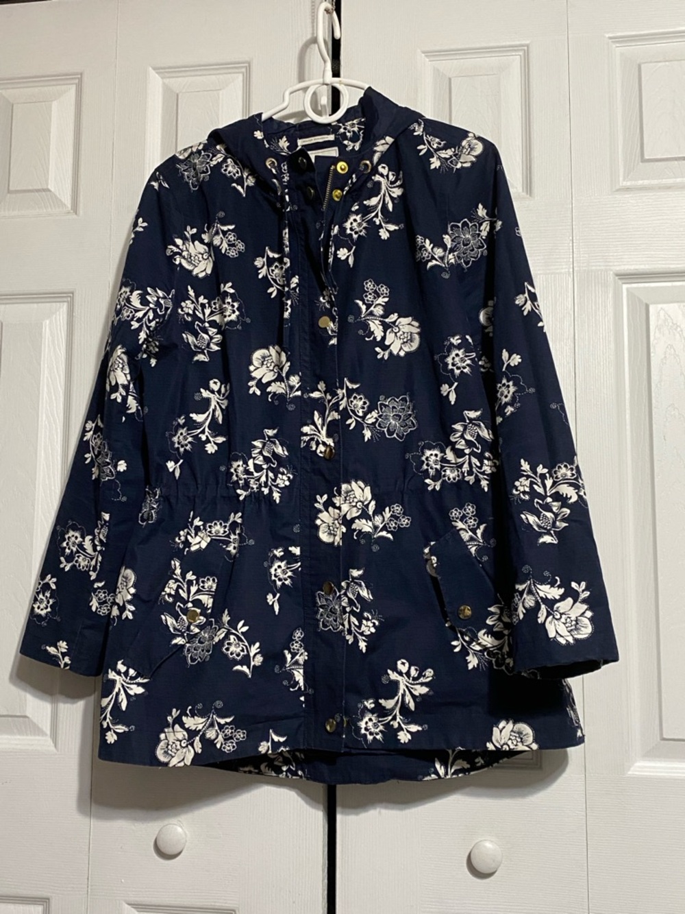 Charter Club Navy Floral Hooded Trench Coat